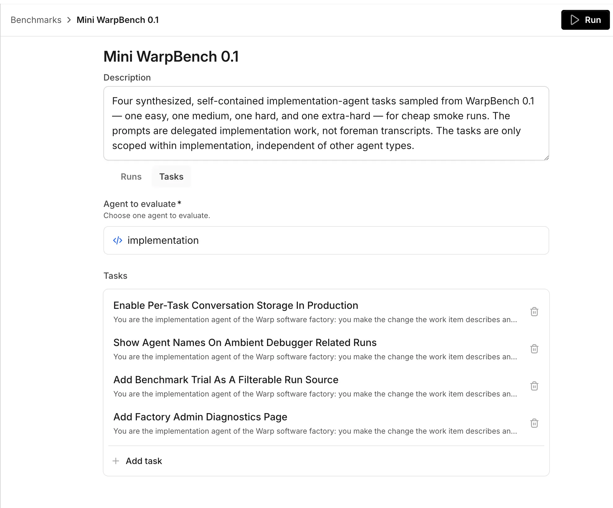 The benchmark editor showing a documentation-link review suite, a selected triage agent, and the Add task action.